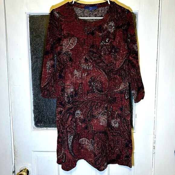 Apt 9 Women’s Burgundy Red Ribbed Paisley Dress Pockets Longsleeve Size M - Picture 1 of 7